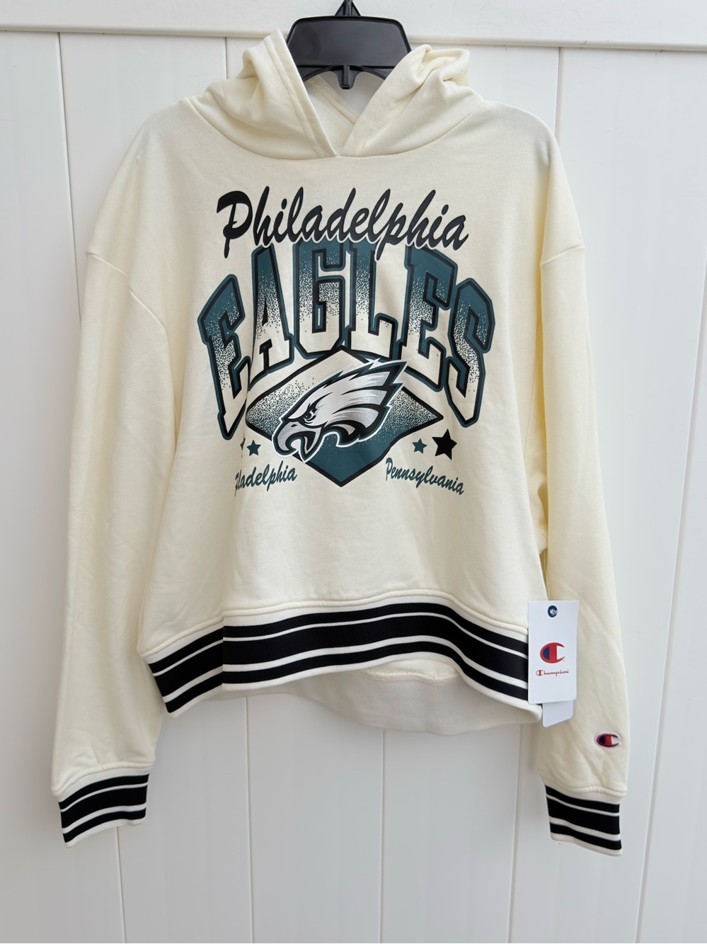 New Champion Philadelphia Eagles Ivory Cropped Hooded Sweatshirt Large